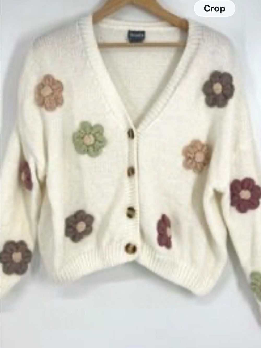 Adult size A Cream Floral Appliqué V-Neck Cardigan Sweater